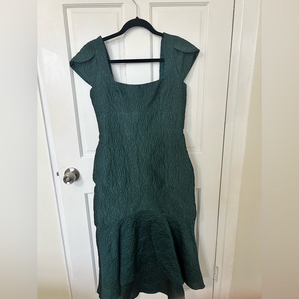 Theia Textured High Low Dress in Green